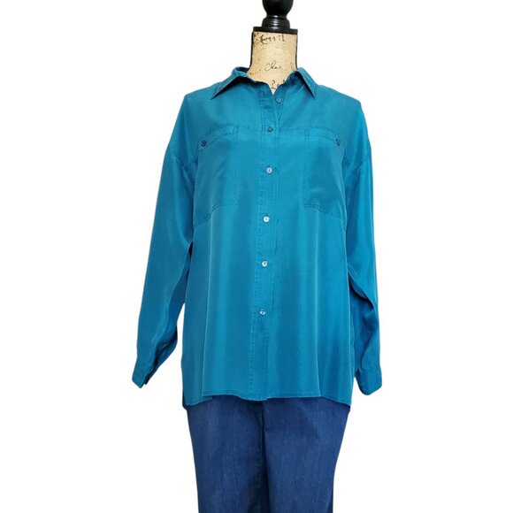 Via Max Vintage Women’s Simple and Classy Turquoise Blue Silk Blouse Size Medium - Picture 1 of 12